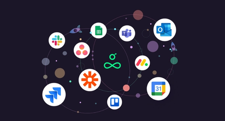 Logo cloud showing software Resource Guru integrates with, including Slack, Excel, Teams, Outlook, Asana, Jira, Zapier, Monday, Trello, and Google Calendar.